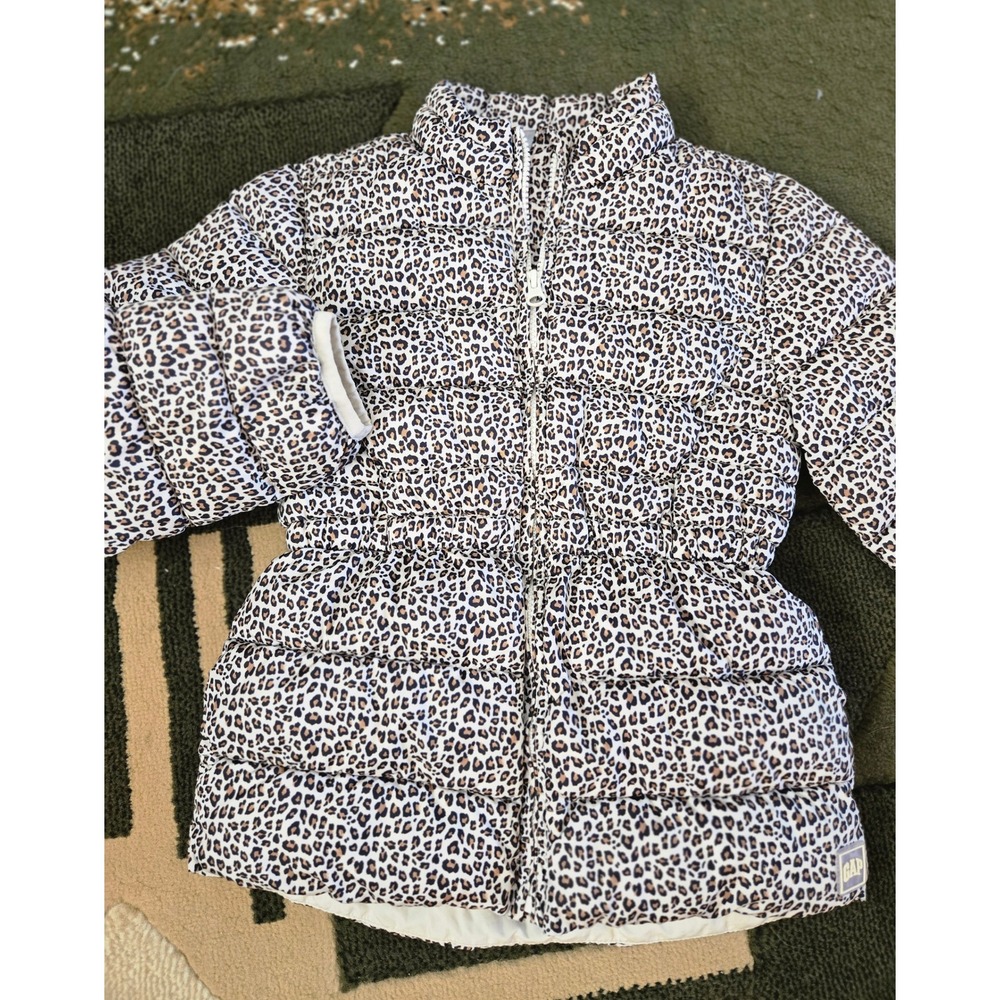 Gap Kids Girls Leopard Puffer Jacket Hooded Zip Up Lined Warm Outerwear Medium - Picture 3 of 7